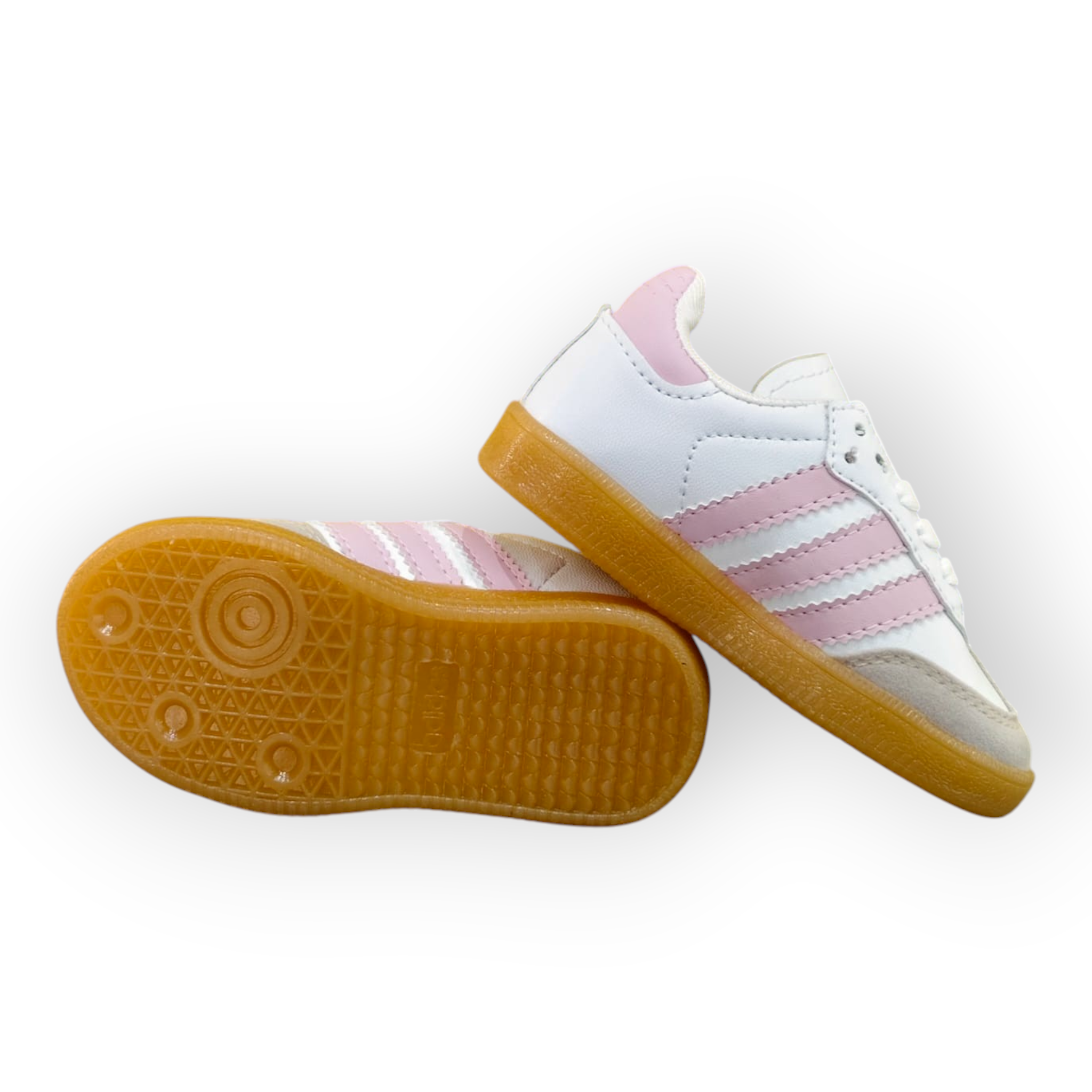 Zapatillas Planet Shoes Sneakers Adidas Samba infantiles en blanco y rosa con suela de goma clásica
