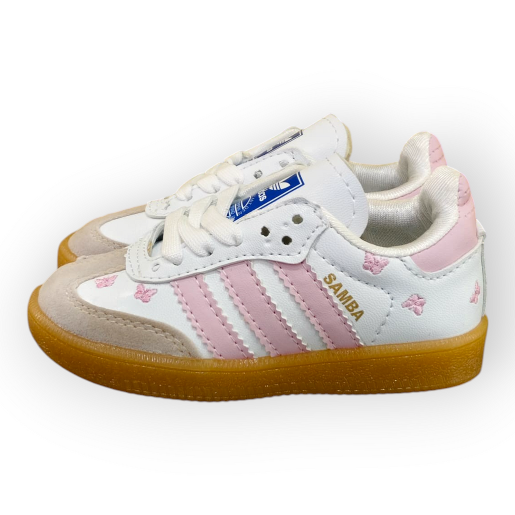 Zapatillas Planet Shoes Sneakers Adidas Samba infantiles blancas y rosas con estampado de mariposas y suela de goma
