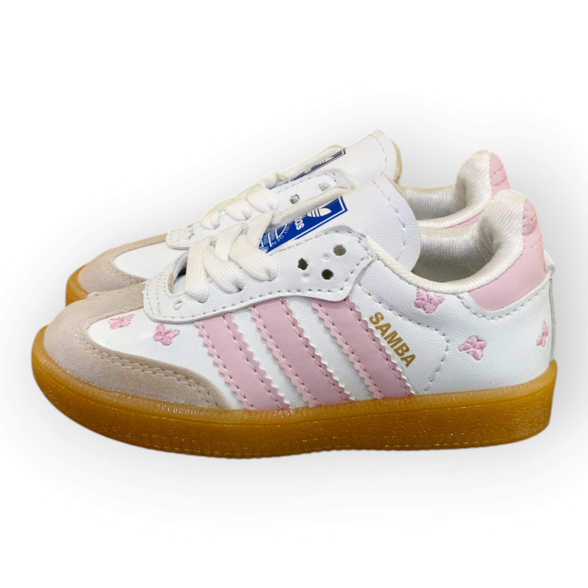 Zapatillas Planet Shoes Sneakers Adidas Samba infantiles blancas y rosas con estampado de mariposas y suela de goma
