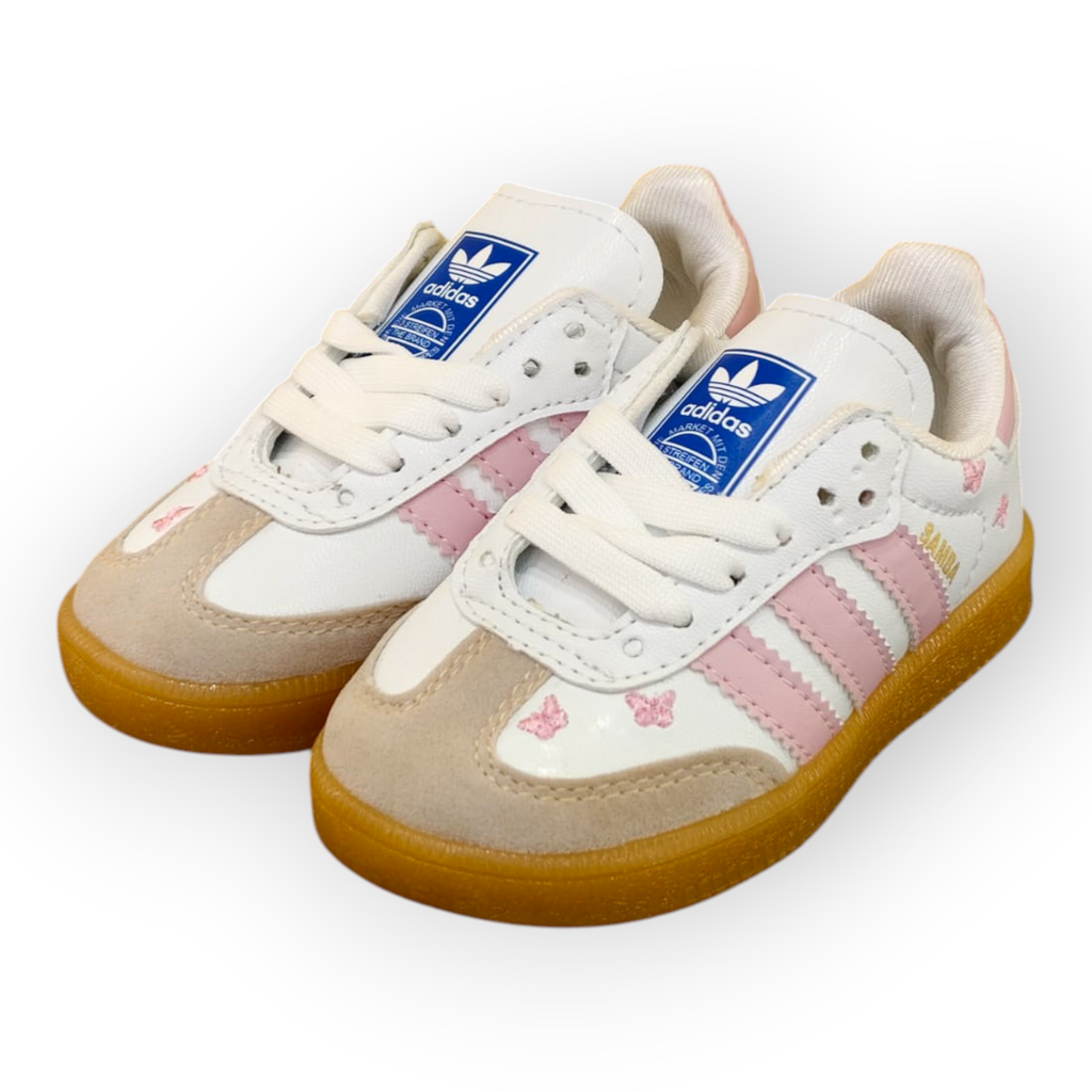 Zapatillas Planet Shoes Sneakers Adidas Samba blancas y rosas con estampado de mariposas y suela de goma clásica
