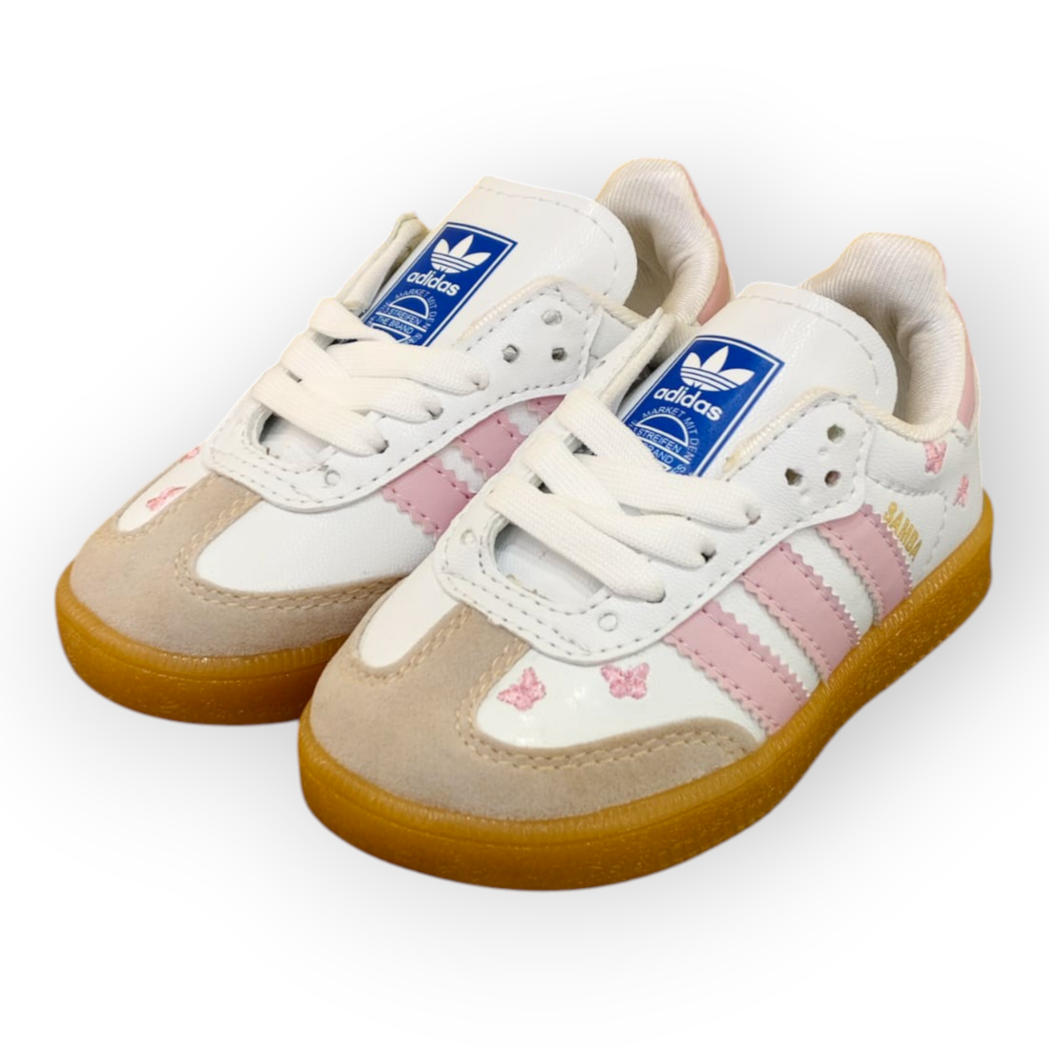 Zapatillas Planet Shoes Sneakers Adidas Samba blancas y rosas con estampado de mariposas y suela de goma clásica